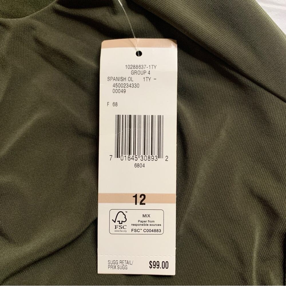 NWT Evan Picone Draped Cowl Neck Dress 12 Olive Green Goddess Ruffle Sheath - Picture 10 of 12